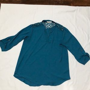 Rewind Deep Teal Blouse with Crochet Accents